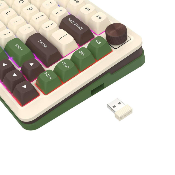 Bluetooth геймърска механична клавиатура Redragon Cyrus Pro K681CGC-RGB-PRO с Bluetooth и безжична връзка, бяла със зелено и RGB осветление