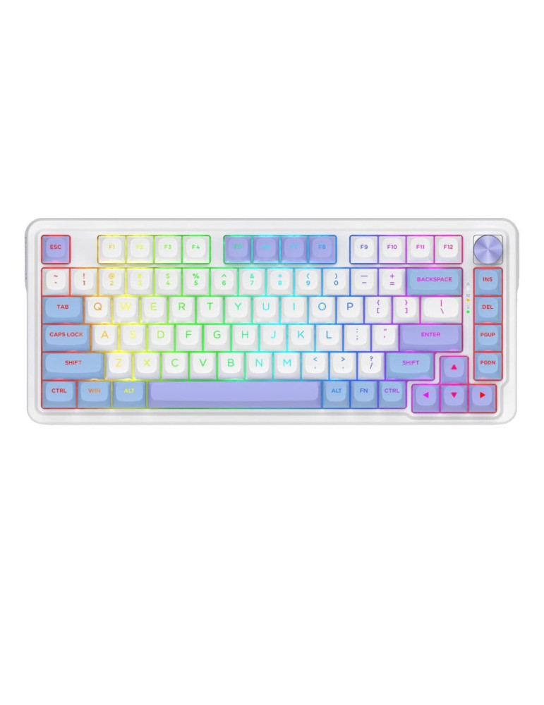 Bluetooth геймърска механична клавиатура Redragon Cyrus Pro K681WBP-RGB-PRO с Bluetooth и безжична връзка, бяла с лилаво RGB осветление