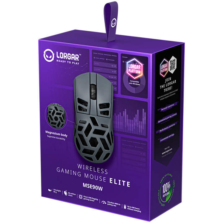 Безжична геймърска мишка Lorgar MSE90W, Magnesium Alloy Wireless Gaming Mouse Elite, Dark Grey - LRG-MSE90W-DG