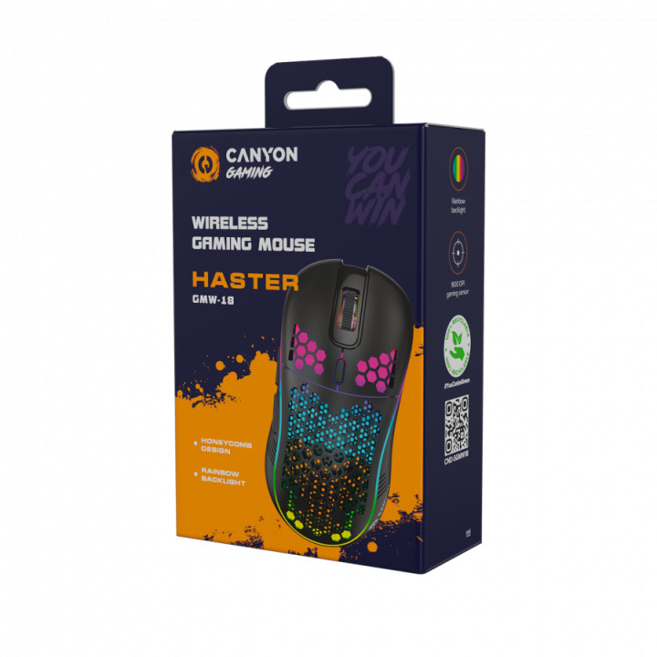 Безжична геймърска мишка Canyon Haster GMW-18, 7keys, KA8 sensor, DPI up to 1600, Black - CND-SGMW18