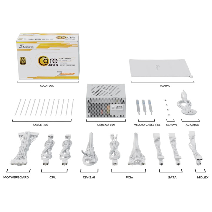 Захранване Seasonic CORE GX-850 V2 White, ATX 3.1 850W Gold, Full Modular, PCIe 5.1 - SRP-CGX851-A5A32SF-WH