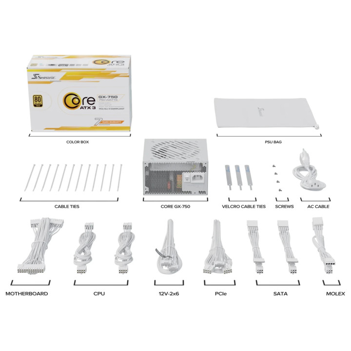 Захранване Seasonic CORE GX-750 V2 White, ATX 3.1 750W Gold, Full Modular, PCIe 5.1 - SRP-CGX751-A5A32SF-WH