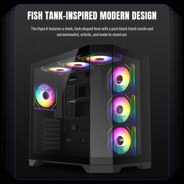 Кутия за компютър Gamemax HYPE-A Black - 4 x 120 mm Addressable RGB fans, ATX - GM-HYPE-A-BK
