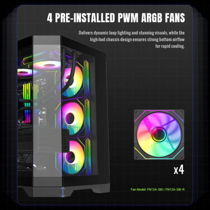 Кутия за компютър Gamemax HYPE-A Black - 4 x 120 mm Addressable RGB fans, ATX - GM-HYPE-A-BK