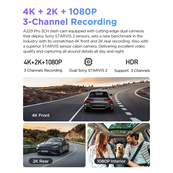 Видео регистратор VIOFO Dash Cam A229 Pro 3 Channel - 4K, HDR, Dual Sony STARVIS 2, GPS, Bluetooth - VIOFO-A229-PRO-3CH