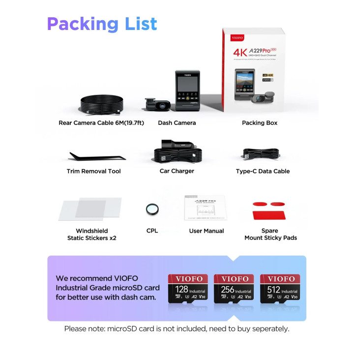 Видео регистратор VIOFO Dash Cam A229 Pro 2 Channel - 4K, HDR, Dual Sony STARVIS 2, GPS, Bluetooth - VIOFO-A229-PRO-2CH