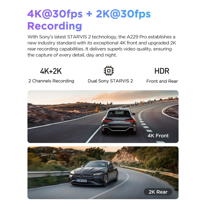 Видео регистратор VIOFO Dash Cam A229 Pro 2 Channel - 4K, HDR, Dual Sony STARVIS 2, GPS, Bluetooth - VIOFO-A229-PRO-2CH