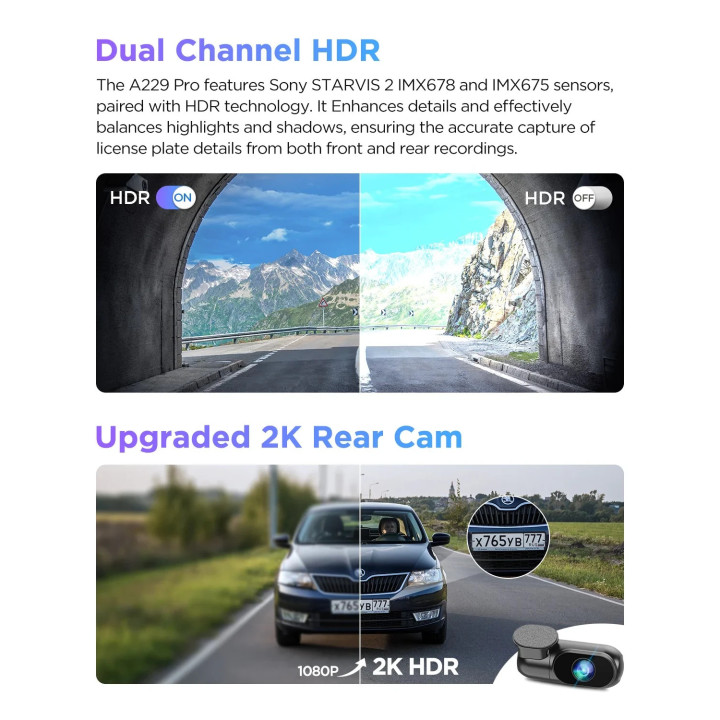 Видео регистратор VIOFO Dash Cam A229 Pro 2 Channel - 4K, HDR, Dual Sony STARVIS 2, GPS, Bluetooth - VIOFO-A229-PRO-2CH