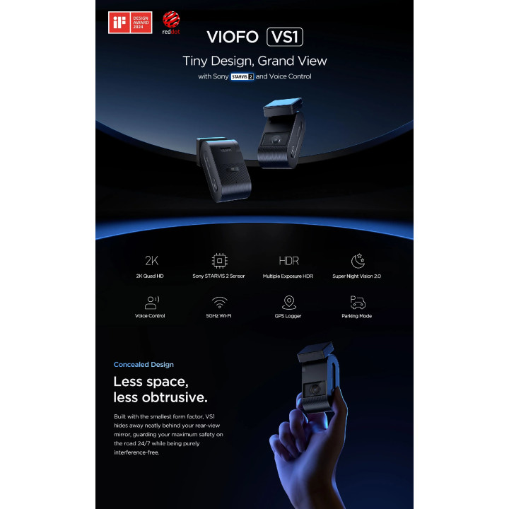 Видео регистратор VIOFO Dash Cam VS1 - 2K, Sony STARVIS 2, 32GB SD Card Included, GPS, Bluetooth - VIOFO-VS1