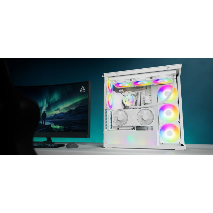 Кутия за компютър Arctic Xtender VG White, E-ATX, PCIe Gen 4 riser included, 5 A-RGB Fans included - ACPCC00017A