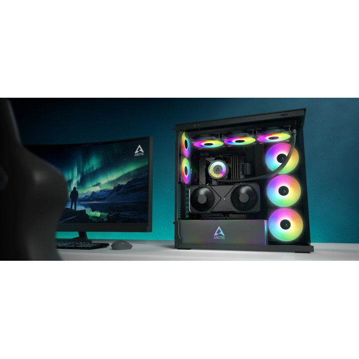 Кутия за компютър Arctic Xtender VG Mirror Black, E-ATX, PCIe Gen 4 riser included, 5 A-RGB Fans included - ACPCC00019A