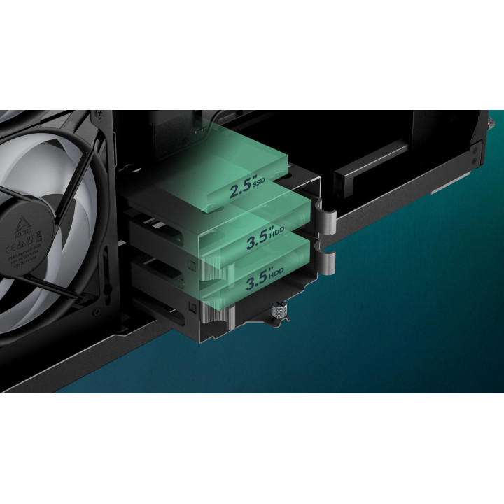 Кутия за компютър Arctic Xtender VG Mirror Black, E-ATX, PCIe Gen 4 riser included, 5 A-RGB Fans included - ACPCC00019A