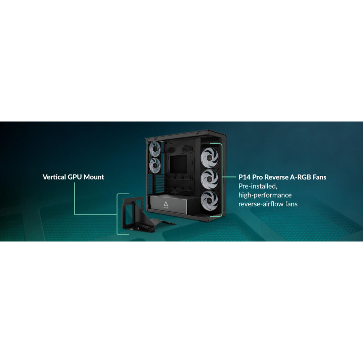 Кутия за компютър Arctic Xtender VG Mirror Black, E-ATX, PCIe Gen 4 riser included, 5 A-RGB Fans included - ACPCC00019A