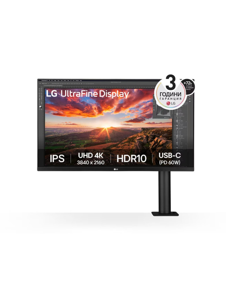 Монитор LG 32UN880K-B, 31.5" UltraFine Ergo 4K, IPS AG, DCI-P3 95%, 5ms, 350 cd/m2, 1000:1, 3840x2160, HDR 10, USB Type-C 60W, USB, HDMI, DP, AMD FreeSync, 5Wx2, LG Switch, Reader Mode, Tilt/Height/Swivel/Pivot/ Extend/Retract, Black