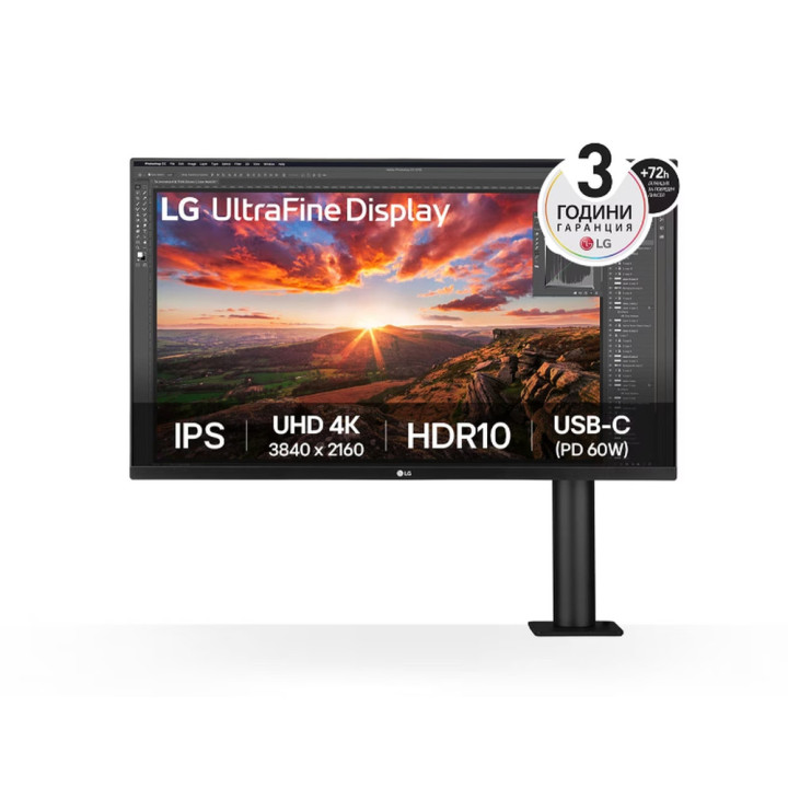 Монитор LG 32UN880K-B, 31.5" UltraFine Ergo 4K, IPS AG, DCI-P3 95%, 5ms, 350 cd/m2, 1000:1, 3840x2160, HDR 10, USB Type-C 60W, USB, HDMI, DP, AMD FreeSync, 5Wx2, LG Switch, Reader Mode, Tilt/Height/Swivel/Pivot/ Extend/Retract, Black