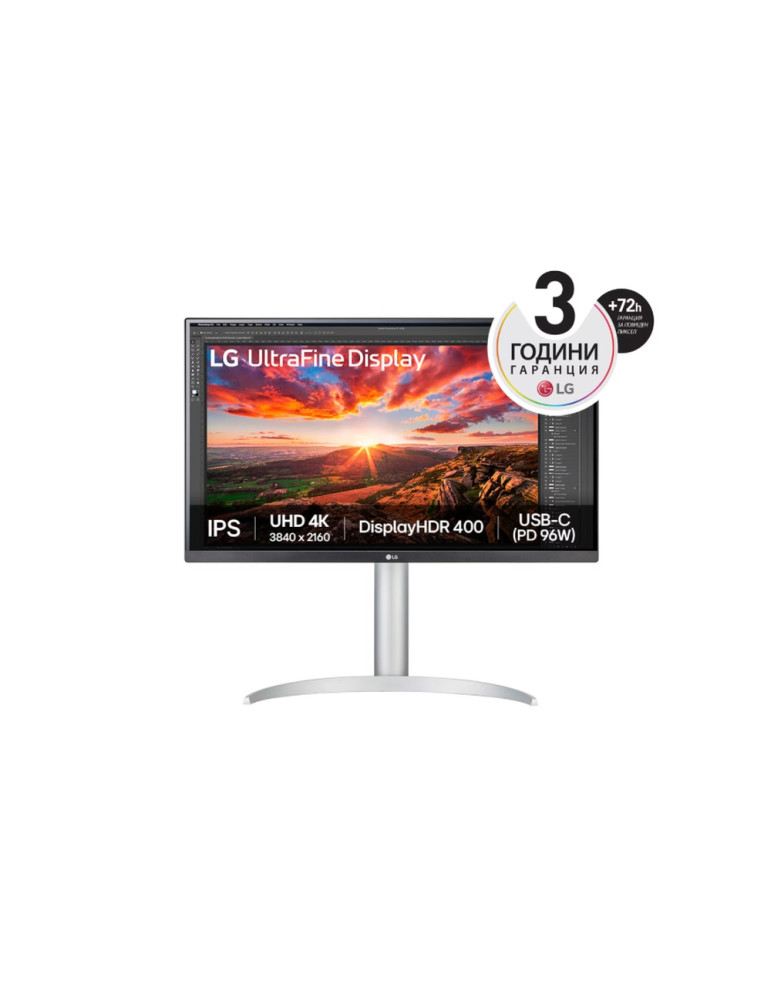 Монитор LG 27UP850K-W, 27" UltraFine UHD, IPS 4K, 5ms, 1200:1, 400cd/m2, 3840 x 2160, DCI-P3 95%, HDR 400, HDMI, USB-C, PD- 96 W, DP, Reader mode, Dynamic Action Sync, Tilt, Height (Range), Swivel, 2x5W, LG Switch, Black