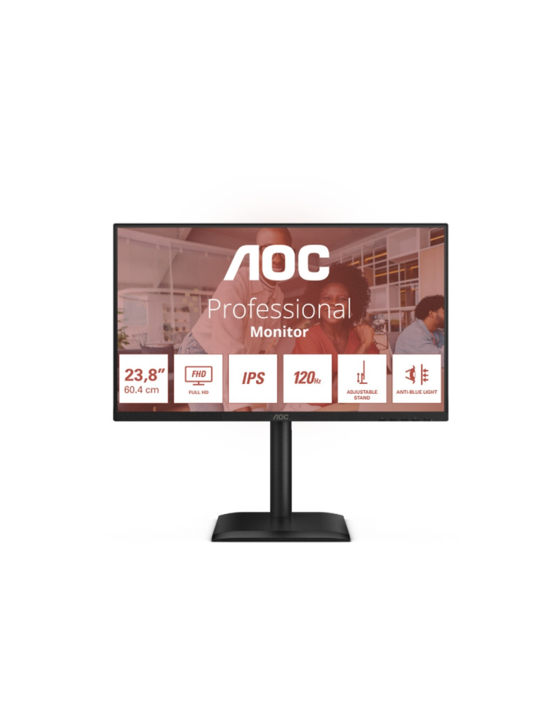 Монитор AOC 24E4U, 23.8" IPS WLED, 1920x1080@120Hz, 4ms GtG, 300cd m/2, 1500:1, 20M:1 DCR, Adaptive Sync, FlickerFree, Anti Blue Light, 2Wx2, Tilt, Height Adjust, Pivot, Swivel, D-SUB, HDMI, USB Hub