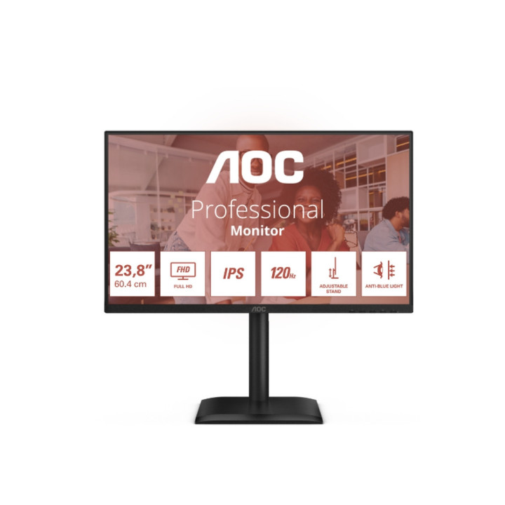 Монитор AOC 24E4U, 23.8" IPS WLED, 1920x1080@120Hz, 4ms GtG, 300cd m/2, 1500:1, 20M:1 DCR, Adaptive Sync, FlickerFree, Anti Blue Light, 2Wx2, Tilt, Height Adjust, Pivot, Swivel, D-SUB, HDMI, USB Hub