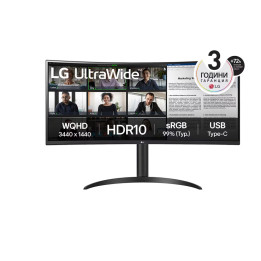 Монитор LG 34WR55QK-B 34" UltraWide AG, Curved 21:9 VA Panel, 5ms, 3000:1, 300 cd/m2, WQHD 3440x1440, HDR10, sRGB 99%, USB type-C 65W, 100Hz, HDMI, DP, PBP, Height Adjustable, Tilt, Reader Mode, Headphone Out, Black