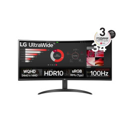 Монитор LG 34WR50QK-B, 34" UltraWide Curved, AG, VA, 5ms, 1ms MBR, 3000:1, 300 cd/m2, 21:9, WQHD 3440x1440, HDR 10, sRGB 99%, FreeSync, 100 Hz, HDMI, DP, Tilt, Reader Mode, PBP, Headphone Out, Black