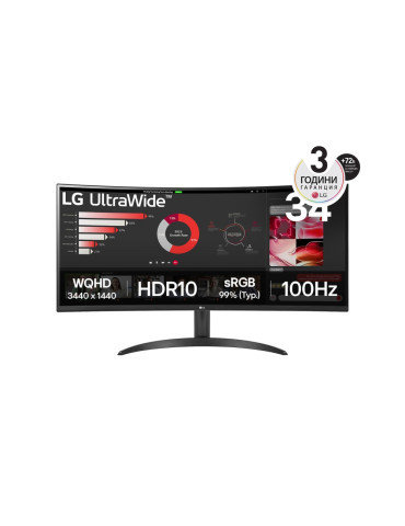 Монитор LG 34WR50QK-B, 34" UltraWide Curved, AG, VA, 5ms, 1ms MBR, 3000:1, 300 cd/m2, 21:9, WQHD 3440x1440, HDR 10, sRGB 99%, FreeSync, 100 Hz, HDMI, DP, Tilt, Reader Mode, PBP, Headphone Out, Black