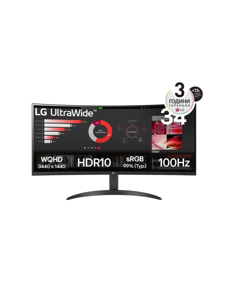 Монитор LG 34WR50QK-B, 34" UltraWide Curved, AG, VA, 5ms, 1ms MBR, 3000:1, 300 cd/m2, 21:9, WQHD 3440x1440, HDR 10, sRGB 99%, FreeSync, 100 Hz, HDMI, DP, Tilt, Reader Mode, PBP, Headphone Out, Black