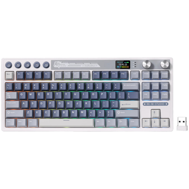 Безжична геймърска механична клавиатура Royal Kludge M87 Ocean Blue TKL, Display Screen Cream Switch - RK-M87-OCBLU-CRMSW-US