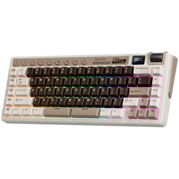 Безжична геймърска механична клавиатура Royal Kludge M70 Mocha Grey 70%, Display Screen Cream Switch - RK-M70-MCHAGY-CRMSW-US
