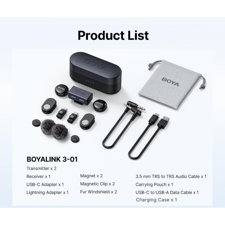 Безжична система микрофони BOYA BOYALINK 3-01 with lightning USB-C  3.5mm TRS plug