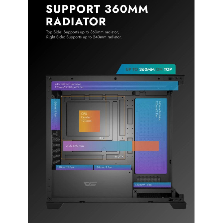 Кутия за компютър Darkflash DS900M Black, mATX, 6 x 120 mm Infinity Mirror A-RGB - DS900M-6F-BK