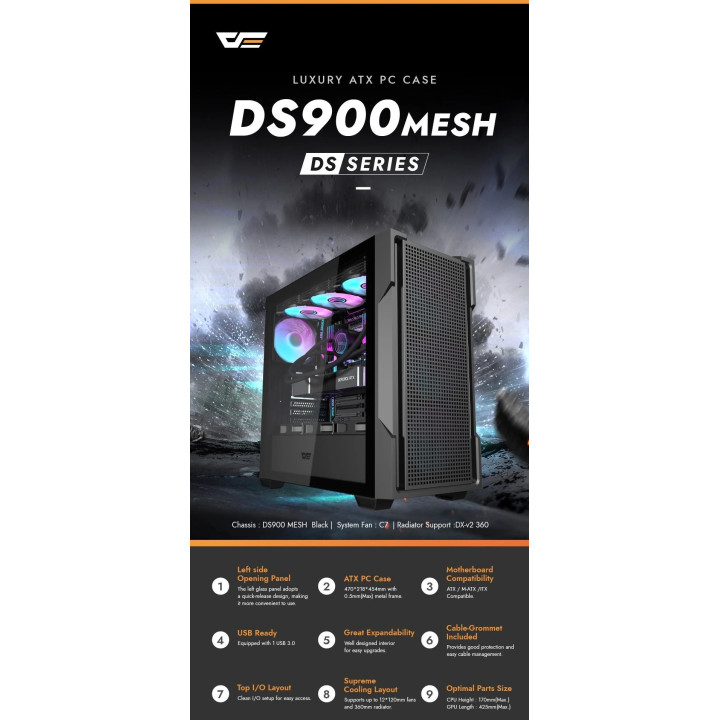 Кутия за компютър Darkflash DS900 Mesh Black - 4 x 120 mm A-RGB fans included - DS900-MESH-4F-BK