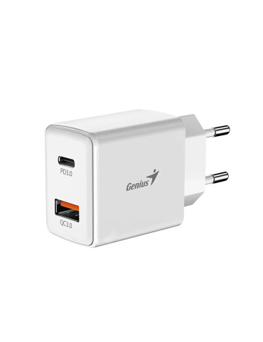 Бързо зарядно Genius Fast Charger PD-20AC, 20W, USB-A, USB-C, PD3.0, QC3.0, White - GENIUS-PD-20AC-WH