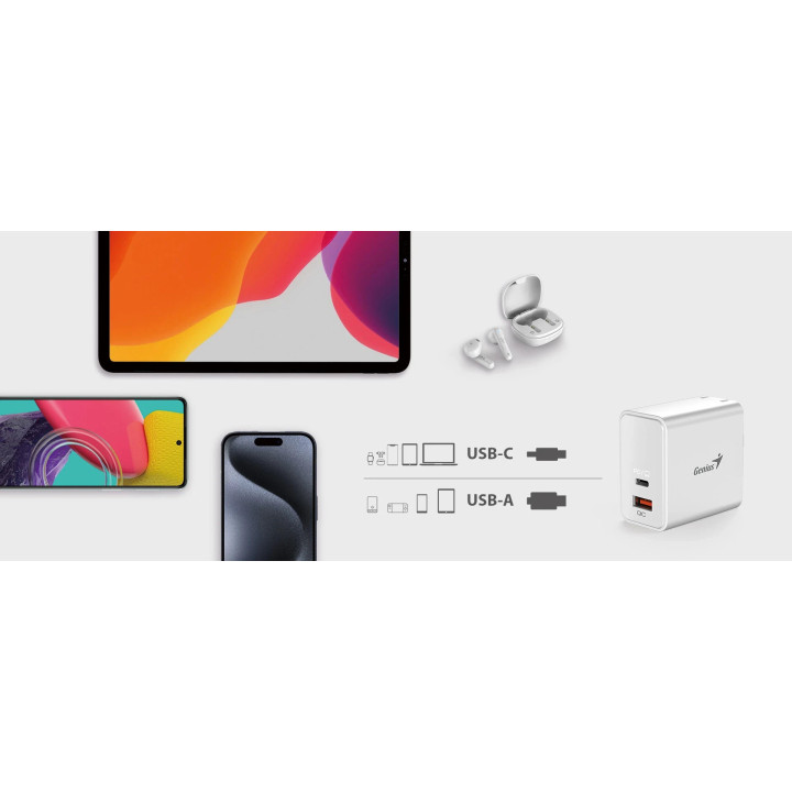 Универсално зарядно за стена Genius Charger Wall GaN - USB Type-C/A 65W White - PD-65AC - GENIUS-PD-65AC