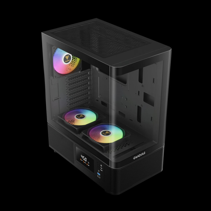 Кутия за компютър Gamdias ATLAS E2, ATX, 3 x 120 mm A-RGB, Digital Display, Curved Glass - GAMDIAS-ATLAS-E2-CG