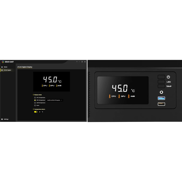 Кутия за компютър Gamdias ATLAS E2, ATX, 3 x 120 mm A-RGB, Digital Display, Curved Glass - GAMDIAS-ATLAS-E2-CG