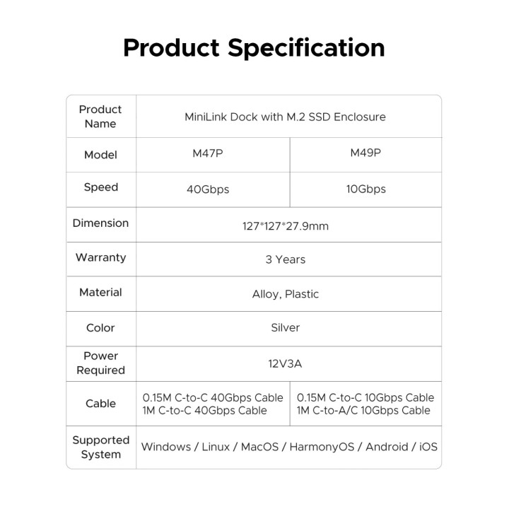 Докинг станция Orico SSD Docking station MiniLink M47P-EU-SV M.2 NVMe - USB4(40Gbps) x 1, USB3.2(10Gbps) x 3, M.2 SSD x 2, SD/TF 4.0  - ORICO-M47P-EU-SV-BP