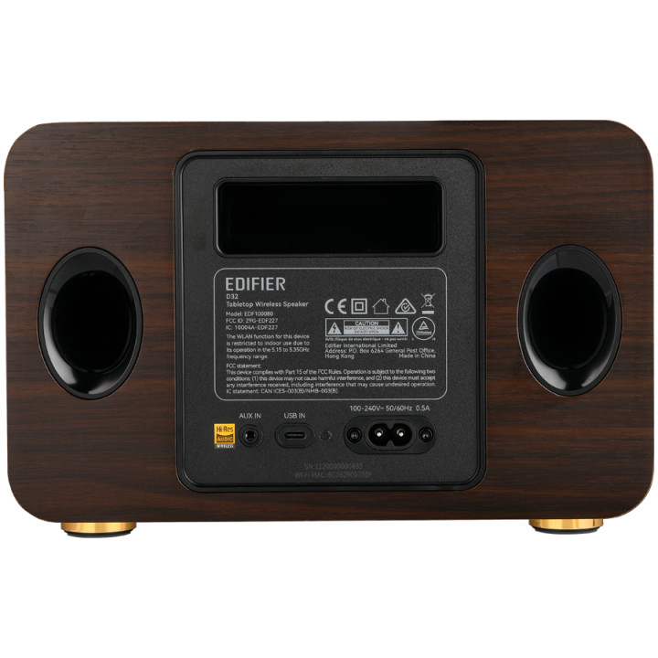 Bluetooth колони Edifier D32 2.1 Speaker, BT V5.3, Wi-Fi, AUX, USB-C, 1x 4-inch Midrange Driver, 2x 1-inch Tweeters, 60W (RMS), Black Walnut - D32-BL WALNUT