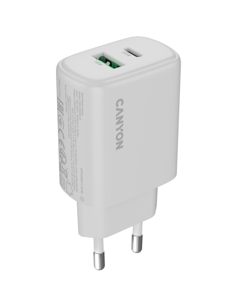 Зарядно CanyonOnCharge 250 25W 1xPD 1xQC EU White - CNE-CHA250-21