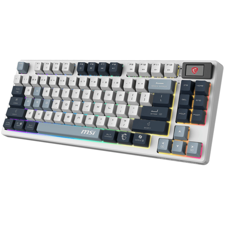 Bluetooth геймърска механична клавиатура MSI FORGE GK600 TKL WIRELESS SKY - Hot-Swappable Mechanical Switches, PBT Keycaps, Sound-Dampening Foam and Gaskets, Integrated Display, RGB LED, 2.4GHz, BT, USB-C