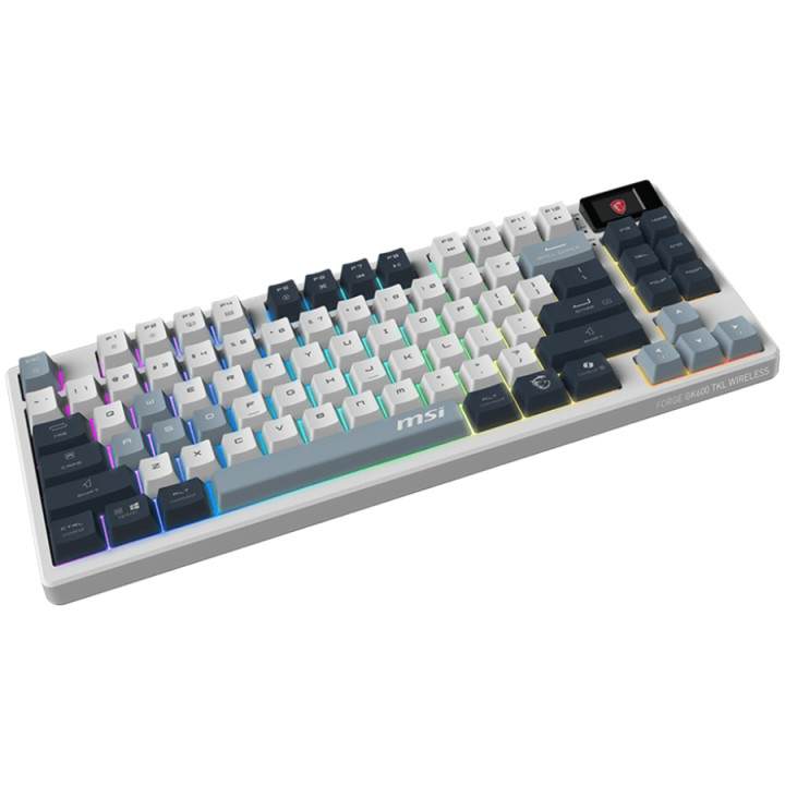 Bluetooth геймърска механична клавиатура MSI FORGE GK600 TKL WIRELESS SKY - Hot-Swappable Mechanical Switches, PBT Keycaps, Sound-Dampening Foam and Gaskets, Integrated Display, RGB LED, 2.4GHz, BT, USB-C