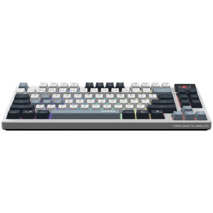 Bluetooth геймърска механична клавиатура MSI FORGE GK600 TKL WIRELESS SKY - Hot-Swappable Mechanical Switches, PBT Keycaps, Sound-Dampening Foam and Gaskets, Integrated Display, RGB LED, 2.4GHz, BT, USB-C