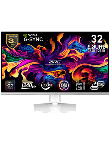 Монитор MSI MPG 321URXW QD-OLED, 31.5" 240Hz, UHD (3840x2160) 16:9, QD-OLED, 0.03ms, 250nits, 1500000:1, 178/178, G-Sync Compatible, Adjustable Stand, DP, 2x HDMI, Type-C, Headphone out, USB Hub, White - MPG_321URXW_QD-OLED