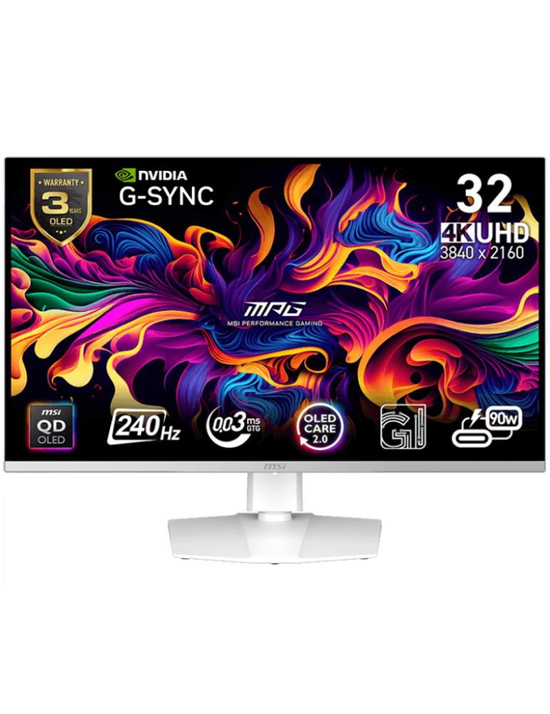 Монитор MSI MPG 321URXW QD-OLED, 31.5" 240Hz, UHD (3840x2160) 16:9, QD-OLED, 0.03ms, 250nits, 1500000:1, 178/178, G-Sync Compatible, Adjustable Stand, DP, 2x HDMI, Type-C, Headphone out, USB Hub, White - MPG_321URXW_QD-OLED