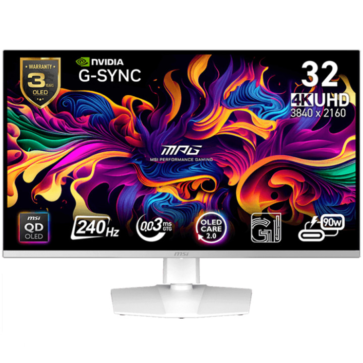 Монитор MSI MPG 321URXW QD-OLED, 31.5" 240Hz, UHD (3840x2160) 16:9, QD-OLED, 0.03ms, 250nits, 1500000:1, 178/178, G-Sync Compatible, Adjustable Stand, DP, 2x HDMI, Type-C, Headphone out, USB Hub, White - MPG_321URXW_QD-OLED