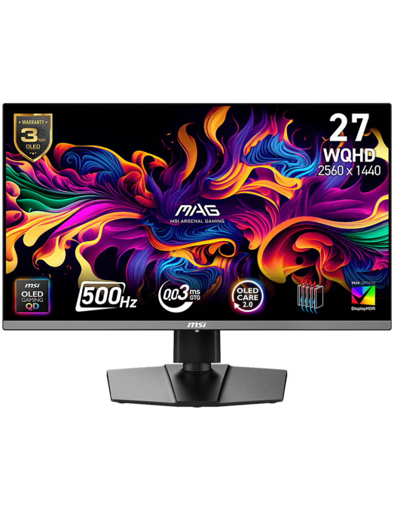 Монитор MSI MAG 272QP QD-OLED X50, 26.5" 500Hz, WQHD (2560x1440) 16:9, QD-OLED, 0.03ms, 300nits, 1500000:1, 178/178, AMD FreeSync Premium Pro, Adjustable Stand, DP, 2x HDMI, Type-C, Headphone out - MAG_272QP_QD-OLED_X50