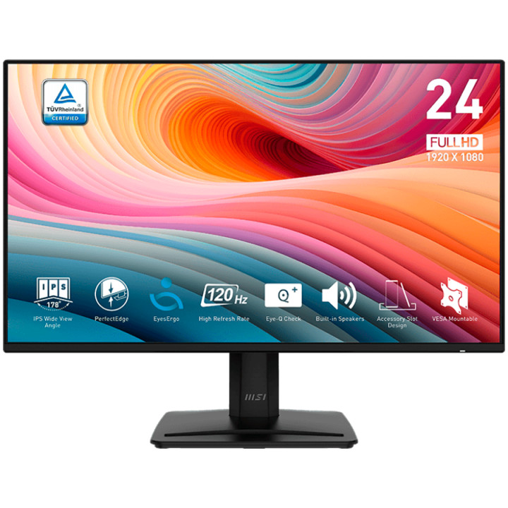 Монитор MSI PRO MP242A E2, 23.8" 120Hz, FHD (1920x1080) 16:9, IPS Anti-glare, 1ms/4ms, 300nits, 1500:1, 178/178, Adaptive-Sync, Tilt, Speakers, D-Sub(VGA), HDMI, DP, Headphone-out - PRO_MP242A_E2