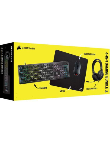 Геймърски комплект Corsair Геймърски бъндъл 4 в 1 - мембранна клавиатура K55 CORE, мишка HARPOON RGB PRO, слушалки с микрофон HS35 Surround v2 7.1, 3.5 мм   USB, пад MM100 - CH-9226F65-NA