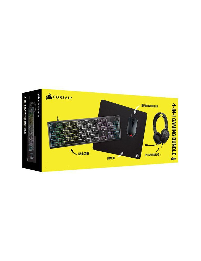 Геймърски комплект Corsair Геймърски бъндъл 4 в 1 - мембранна клавиатура K55 CORE, мишка HARPOON RGB PRO, слушалки с микрофон HS35 Surround v2 7.1, 3.5 мм   USB, пад MM100 - CH-9226F65-NA