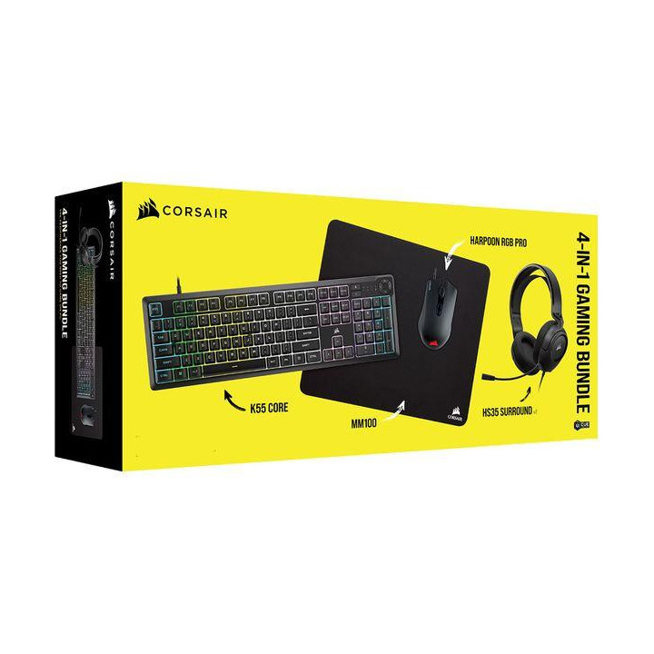 Геймърски комплект Corsair Геймърски бъндъл 4 в 1 - мембранна клавиатура K55 CORE, мишка HARPOON RGB PRO, слушалки с микрофон HS35 Surround v2 7.1, 3.5 мм   USB, пад MM100 - CH-9226F65-NA