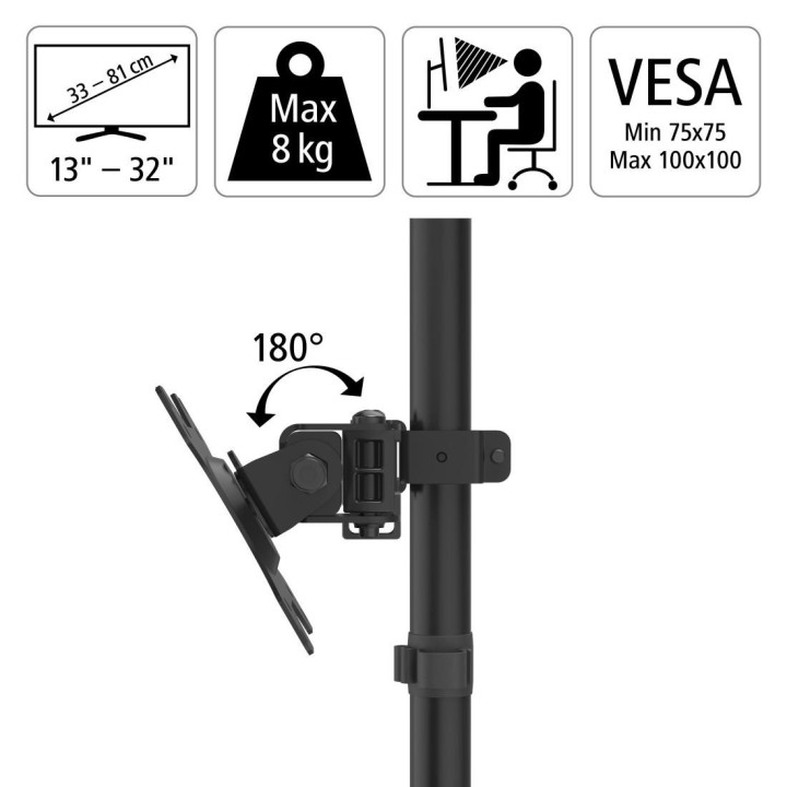 Стойка за 2 монитора за бюро HAMA Регулируема, 13" - 32", 8 кг, Swivel/Tilt, Черна - 118491